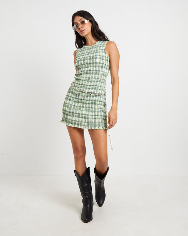 Drew Check Shirred Mini Dress in Lime, hi-res image number null