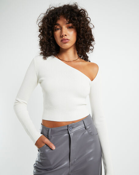 Indy Asymmetric Cut Out Long Sleeve Knit Top  White