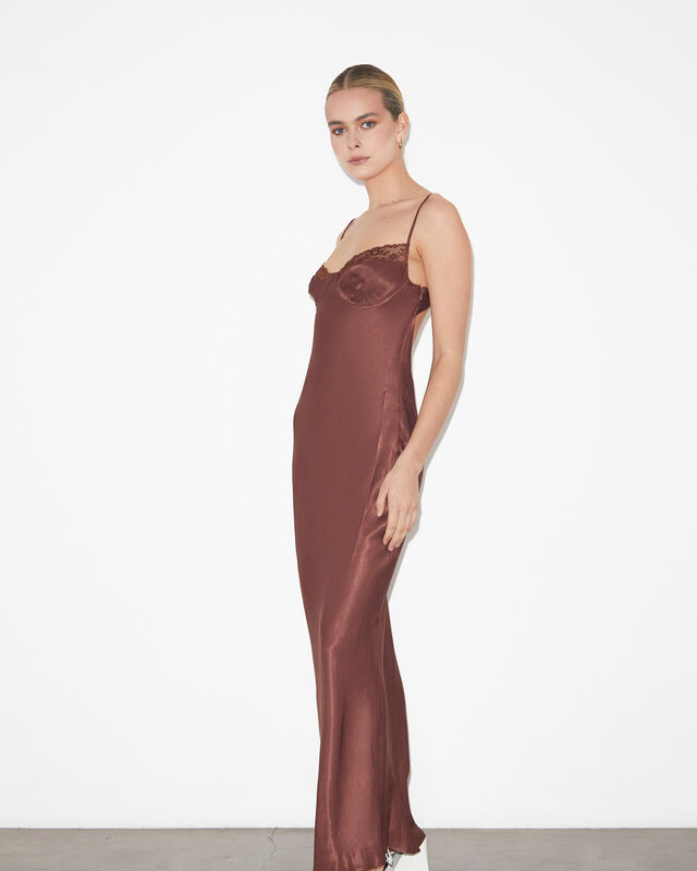 Heidi Lace Underwire Slip Maxi Dress in Chocolate Brown, hi-res image number null