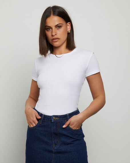 Ribbed Longline Fitted T-Shirt in White