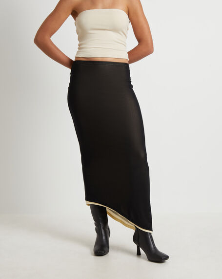 Amerie Asymmetric Hem Contrast Mesh Midi Skirt in Black