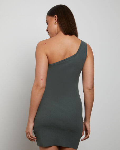 Luxe Knitted One Shoulder Mini Dress in Green