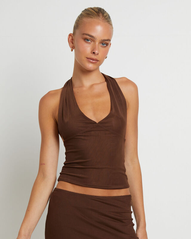 Tilly Maserati Halter Neck Top in Chocolate, hi-res image number null