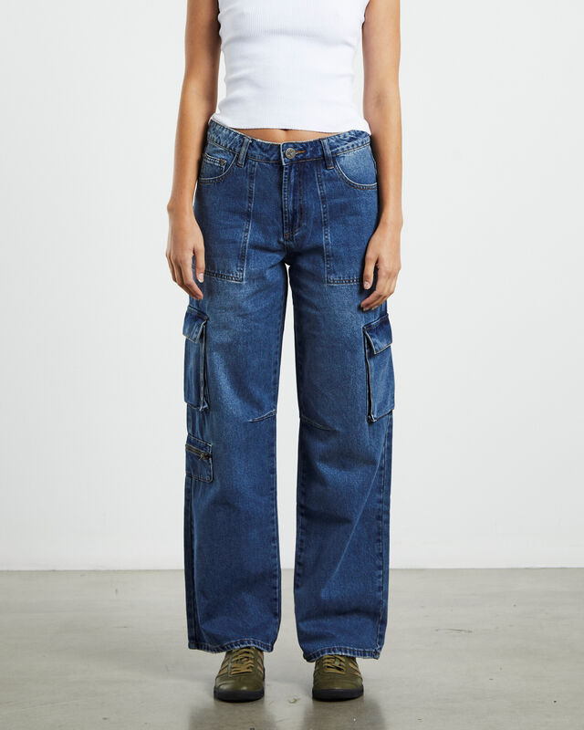 Rosewood Cargo Mid Waist Wide Leg  Jeans Jackson Blue, hi-res image number null