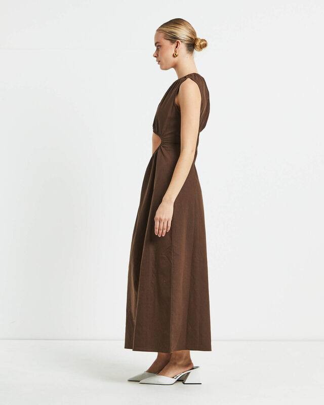 Isobel One Shoulder Cut Out Midi Dress in Chocolate, hi-res image number null