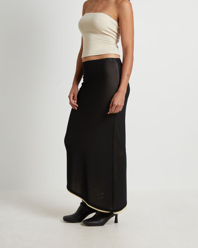 Amerie Asymmetric Hem Contrast Mesh Midi Skirt in Black, hi-res image number null