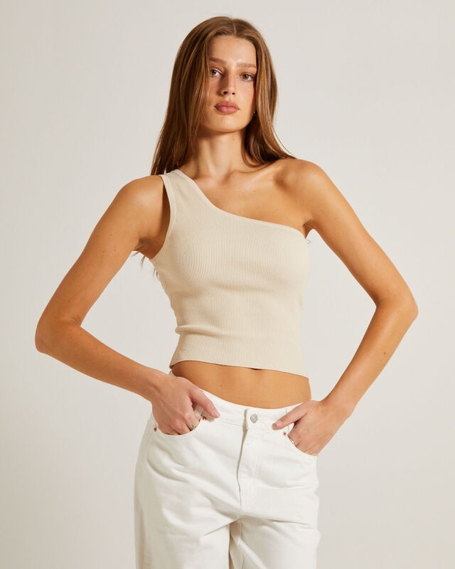 Luxe Knitted One Shoulder Top in Vintage Stone, hi-res image number null