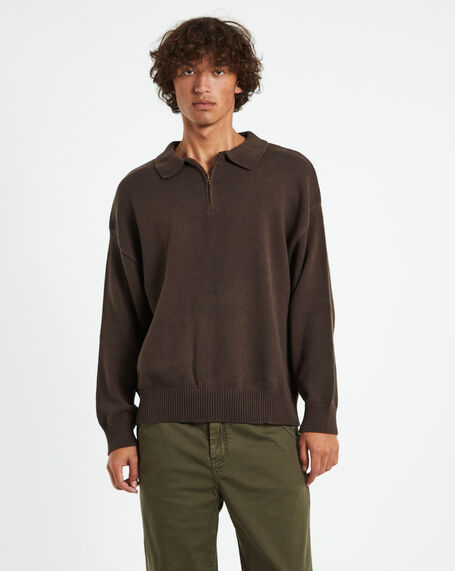 Relaxed Cable Knit Zip Through Umber Brown