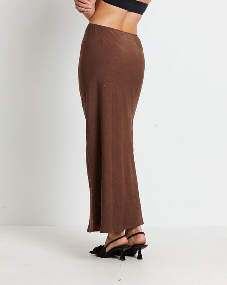 Allegra Crinkle Satin Maxi Skirt in Chocolate Brown