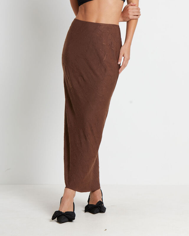 Allegra Crinkle Satin Maxi Skirt in Chocolate Brown, hi-res image number null