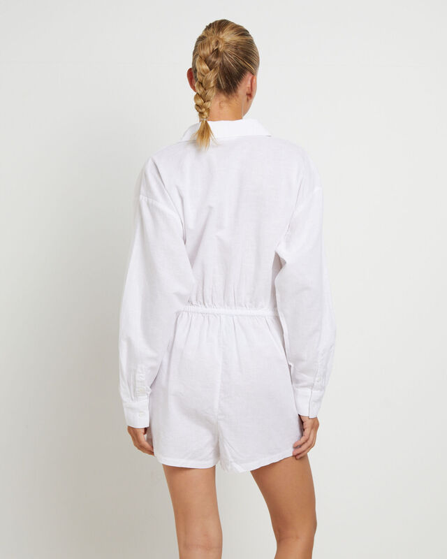 Joslin Boxy Long Sleeve Shirt Playsuit in White, hi-res image number null
