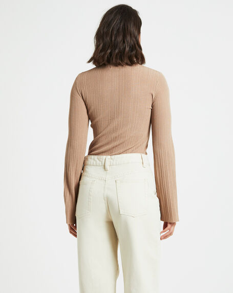 Porter Sheer Ribbed Seam Long Sleeve Top in Taupe