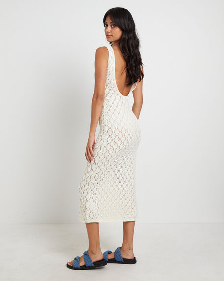 Bodie Crochet Midi Backless Dress in Milky White