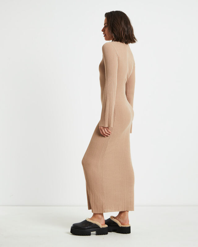 Porter Sheer Ribbed Seam Knit Long Sleeve Maxi Dress in Taupe, hi-res image number null