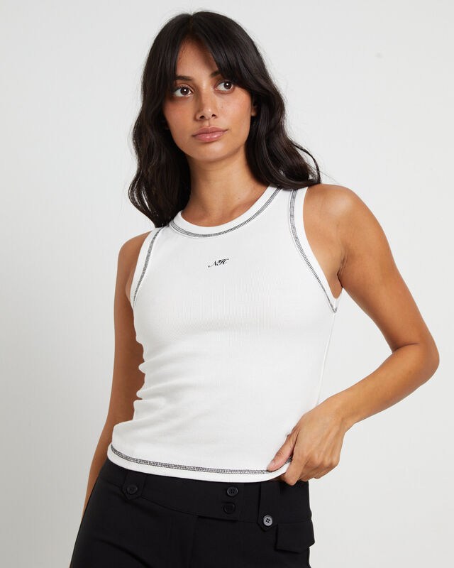 Tessa Contrast Stitch Tan Top in White, hi-res image number null