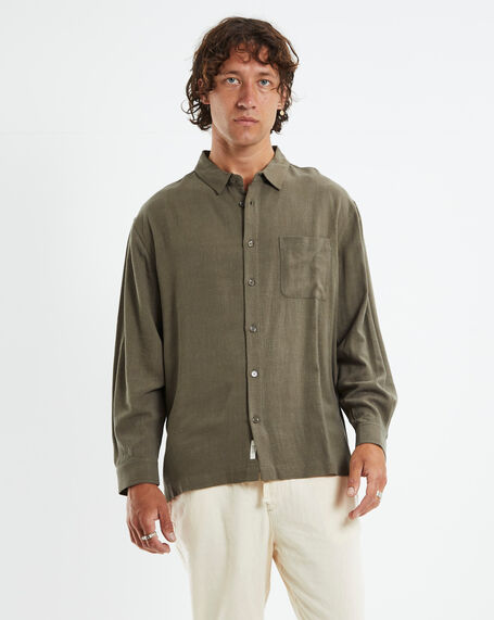 Harrison Linen Long Sleeve Shirt Olive Green