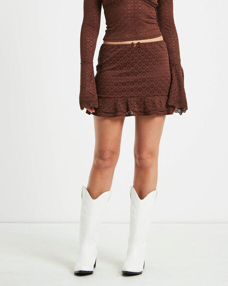 Nyra Lace Peplum Mini Skirt in Chocolate Brown