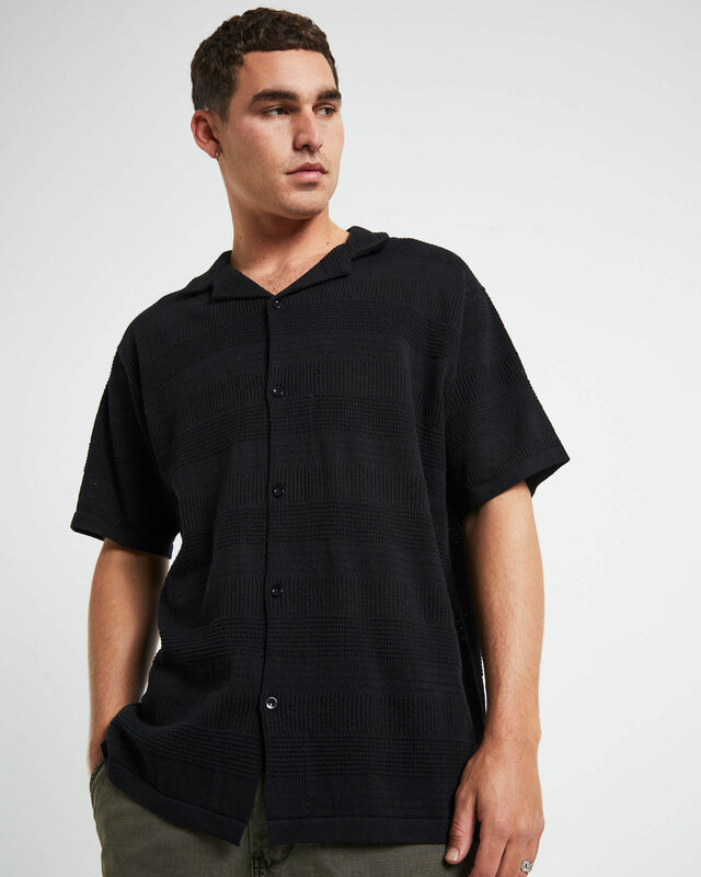Knitted Short Sleeve Resort Shirt in Black, hi-res image number null