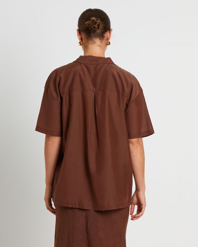 Brooke Sheer Sheen Short Sleeve Shirt in Chocolate Brown, hi-res image number null