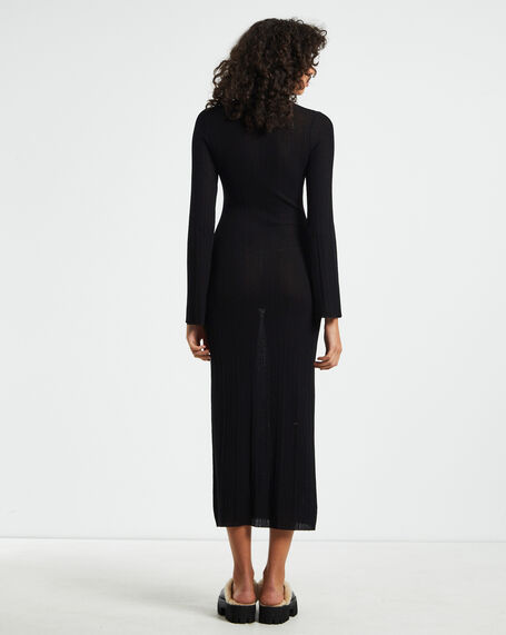 Porter Sheer Ribbed Seam Knit Midi Dress Black