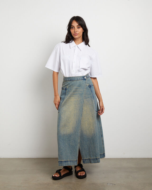 Wrap Denim Maxi Skirt in Dirty Wash, hi-res image number null