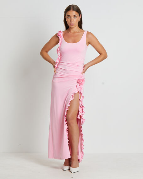 Dovie Corsage Midi Dress in Barbie Pink