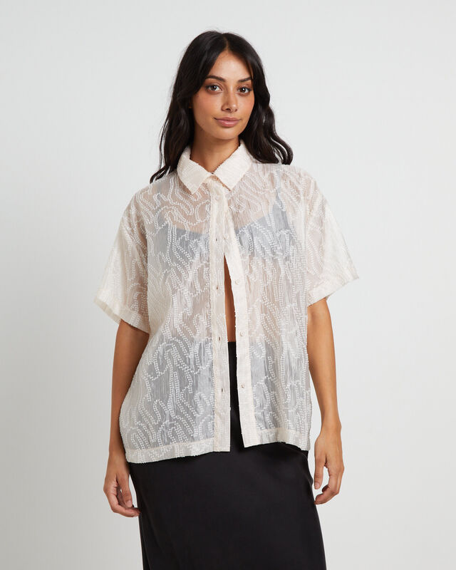 Avery Sheer Textured Short Sleeve Shirt in White, hi-res image number null