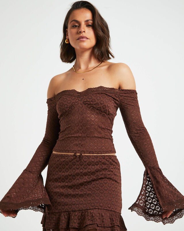 Maya Off Shoulder Long Sleeve Lace Top in Chocolate Brown, hi-res image number null
