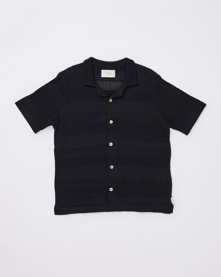 Teen Boys Fugar Knitted Short Sleeve Resort Shirt in Black