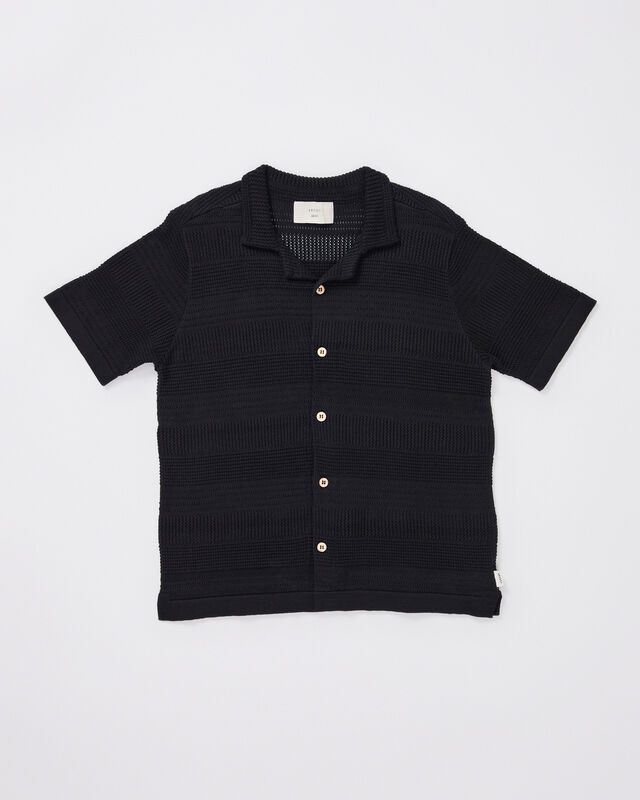 Teen Boys Fugar Knitted Short Sleeve Resort Shirt in Black, hi-res image number null