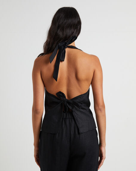 Naomi Linen Halter Vest in Black