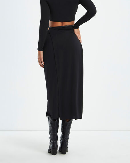 Gemma PU Trim Wrap Midi Skirt Black