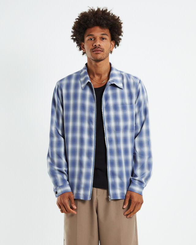 Shadow Plaid Zip Up Long Sleeve Shirt Blue, hi-res image number null