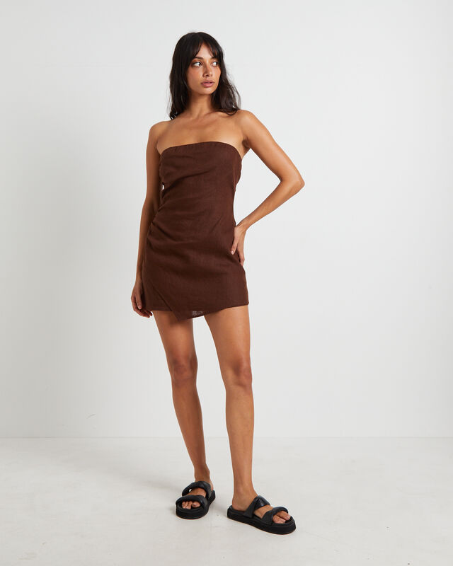 Lui Linen Mini Dress in Chocolate, hi-res image number null