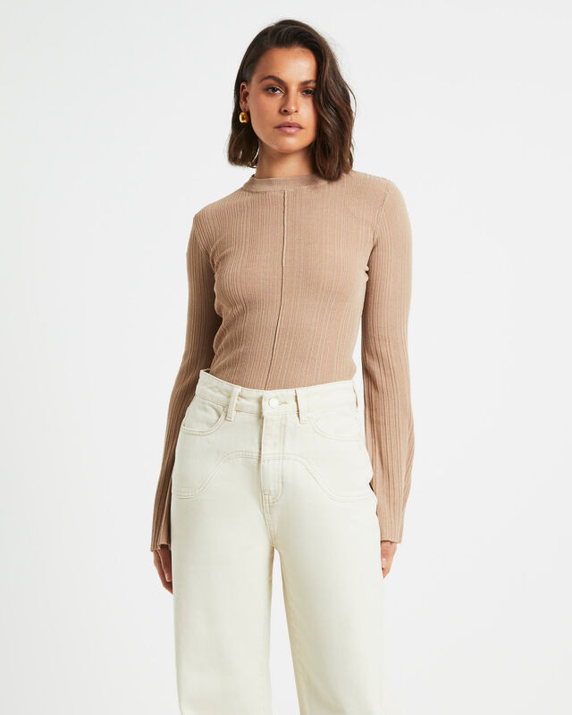 Porter Sheer Ribbed Seam Long Sleeve Top in Taupe, hi-res image number null