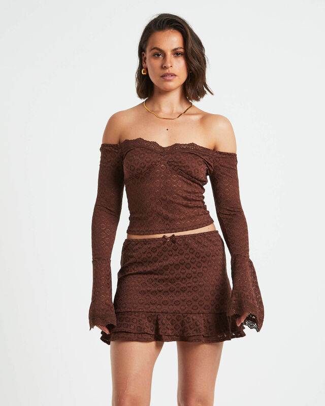 Maya Off Shoulder Long Sleeve Lace Top in Chocolate Brown, hi-res image number null