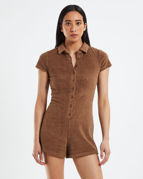 Tiana Fitted Textured Romper Chocolate Brown