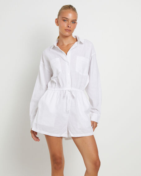 Joslin Boxy Long Sleeve Shirt Playsuit in White