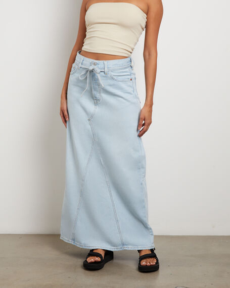 Iconic Long Denim Belt Skirt in So Called Pants Blue