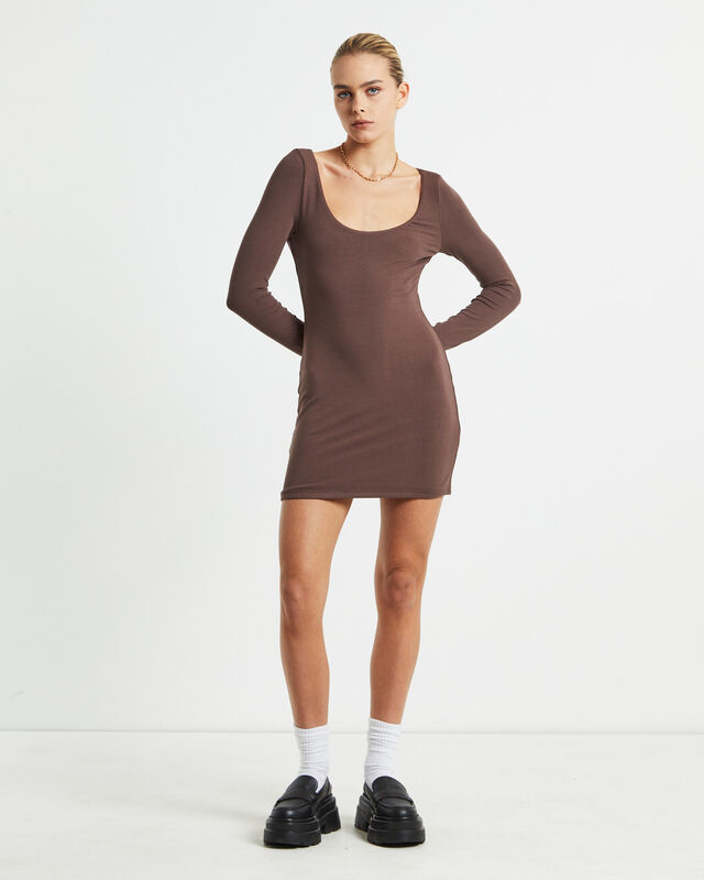Larissa Scoop Neck Long Sleeve Mini Dress Chocolate Brown, hi-res image number null