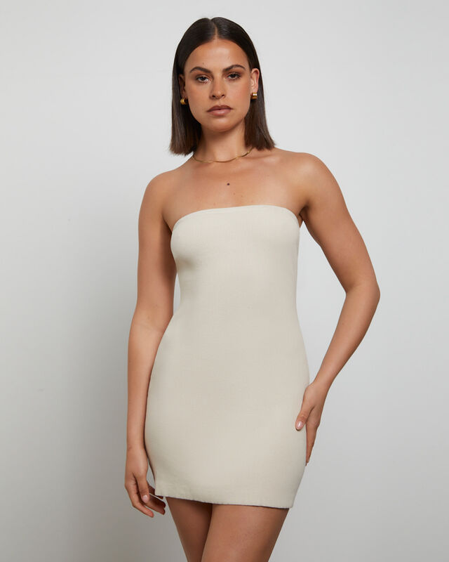 Luxe Knitted Bandeau Mini Dress in Stone, hi-res image number null