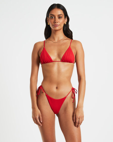 Rib Skinny Strap Triangle Bikini Top in Red