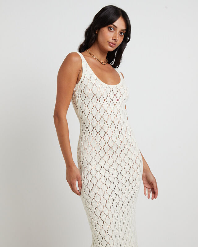 Bodie Crochet Midi Backless Dress in Milky White, hi-res image number null