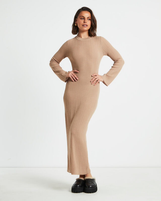 Porter Sheer Ribbed Seam Knit Long Sleeve Maxi Dress in Taupe, hi-res image number null