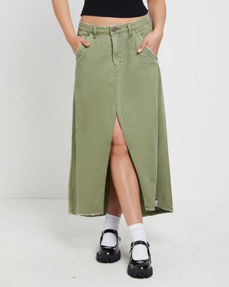 St Khaki Mrs Carter Long Denim Skirt in Green
