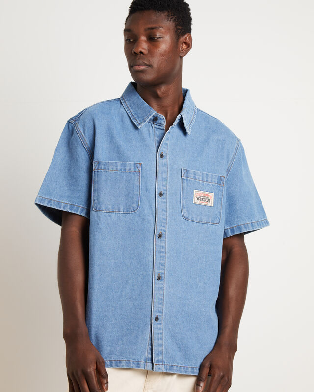 Workgear Denim Short Sleeve Shirt in Mid Blue, hi-res image number null