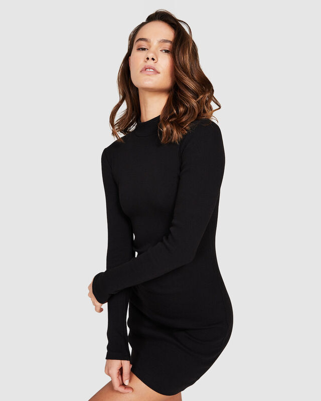 Fitted Rib Long Sleeve Dress Black, hi-res image number null