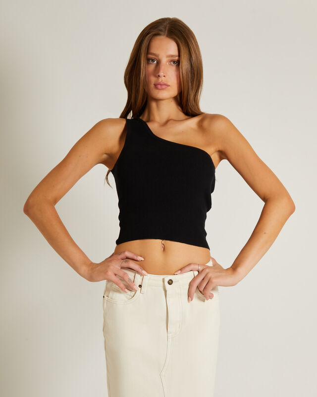 Luxe Knitted One Shoulder Top in Black, hi-res image number null