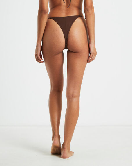 Rib Skinny Strap Tie Side Bikini Bottoms in Chocolate Brown
