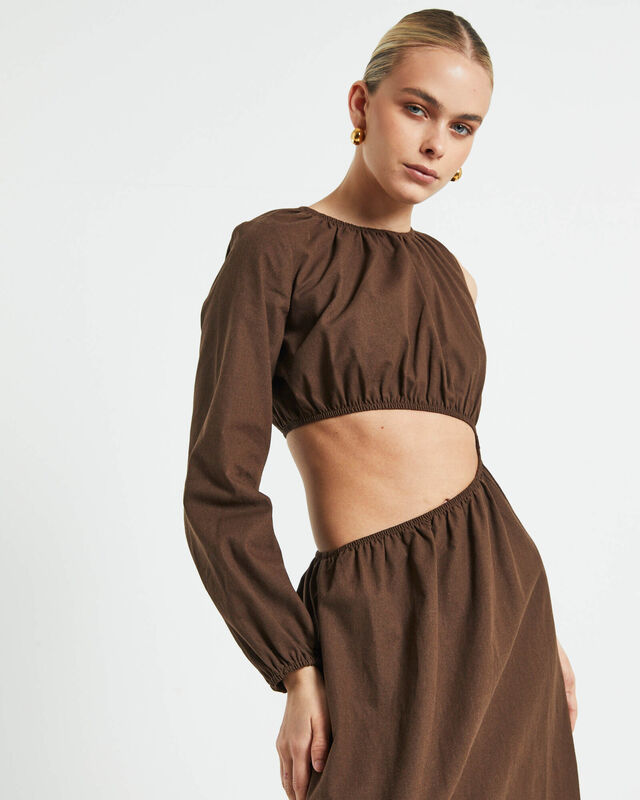 Isobel One Shoulder Cut Out Midi Dress in Chocolate, hi-res image number null